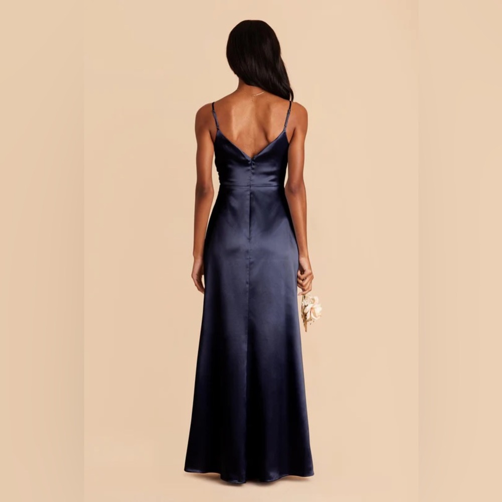 Birdy Grey Catherine Shiny Navy Satin Gown with Slit - Picture 2 of 3